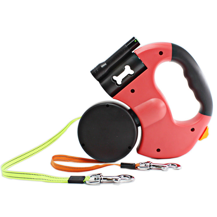 Dual-Head Retractable Pet Leash with Flashlight and Waste Bag