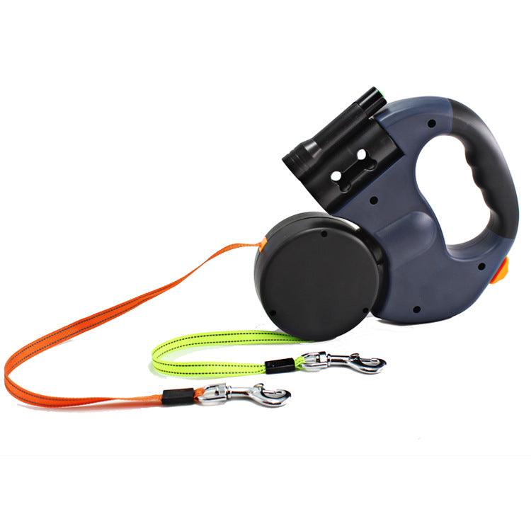 Dual-Head Retractable Pet Leash with Flashlight and Waste Bag