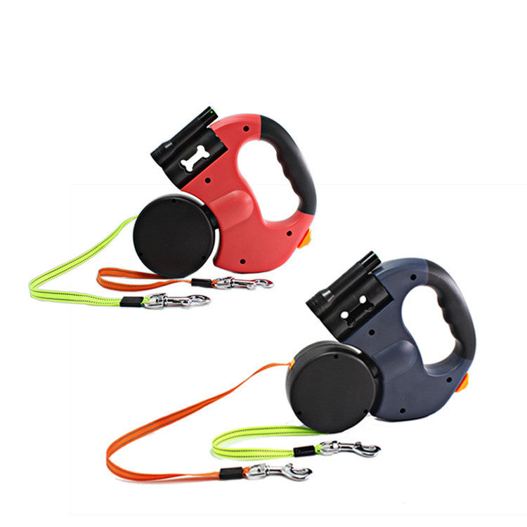 Dual-Head Retractable Pet Leash with Flashlight and Waste Bag