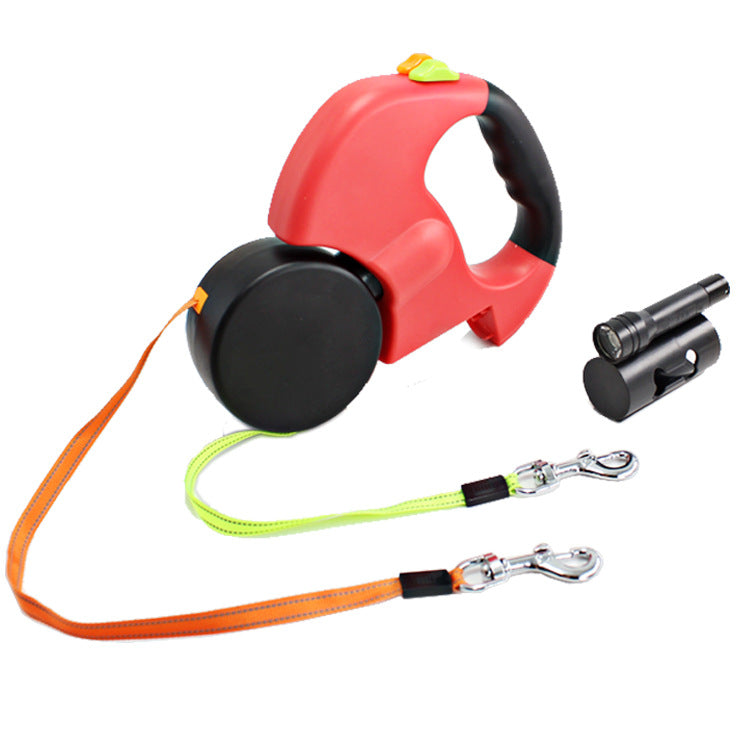 Dual-Head Retractable Pet Leash with Flashlight and Waste Bag