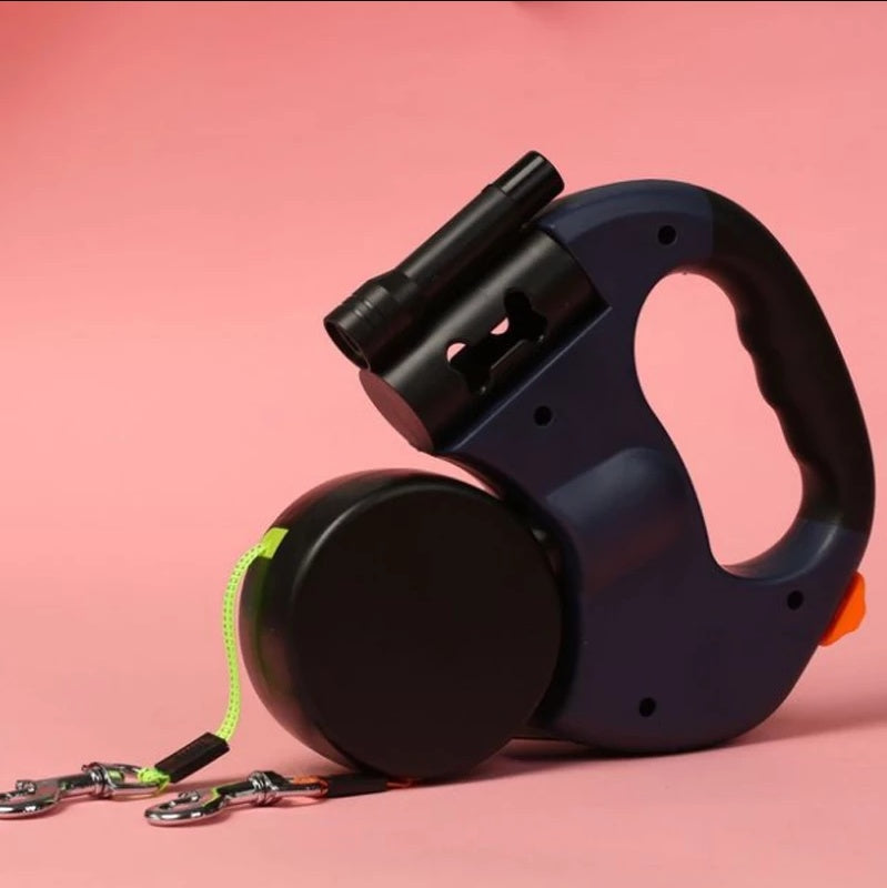Dual-Head Retractable Pet Leash with Flashlight and Waste Bag