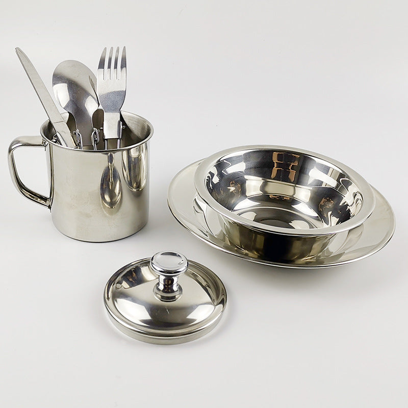 Outdoor Camping Single-Person Stainless Steel Tableware and Water Cup Set