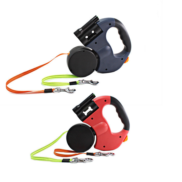 Dual-Head Retractable Pet Leash with Flashlight and Waste Bag