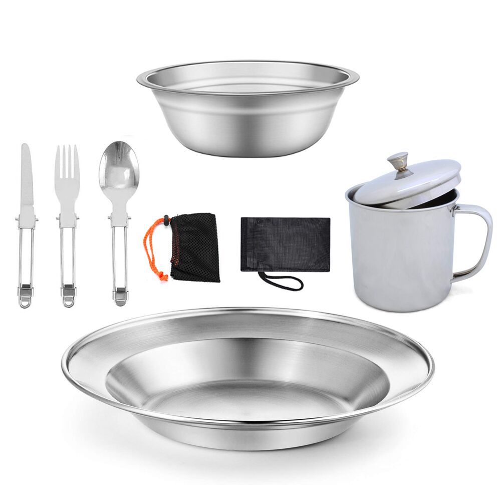 Outdoor Camping Single-Person Stainless Steel Tableware and Water Cup Set