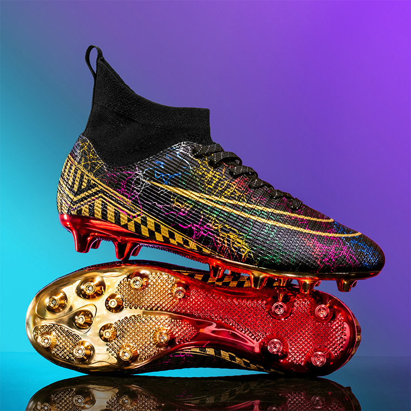 High-Top Soccer Shoes with Gold-Plated Sole for Artificial Grass Training