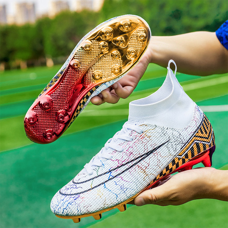High-Top Soccer Shoes with Gold-Plated Sole for Artificial Grass Training