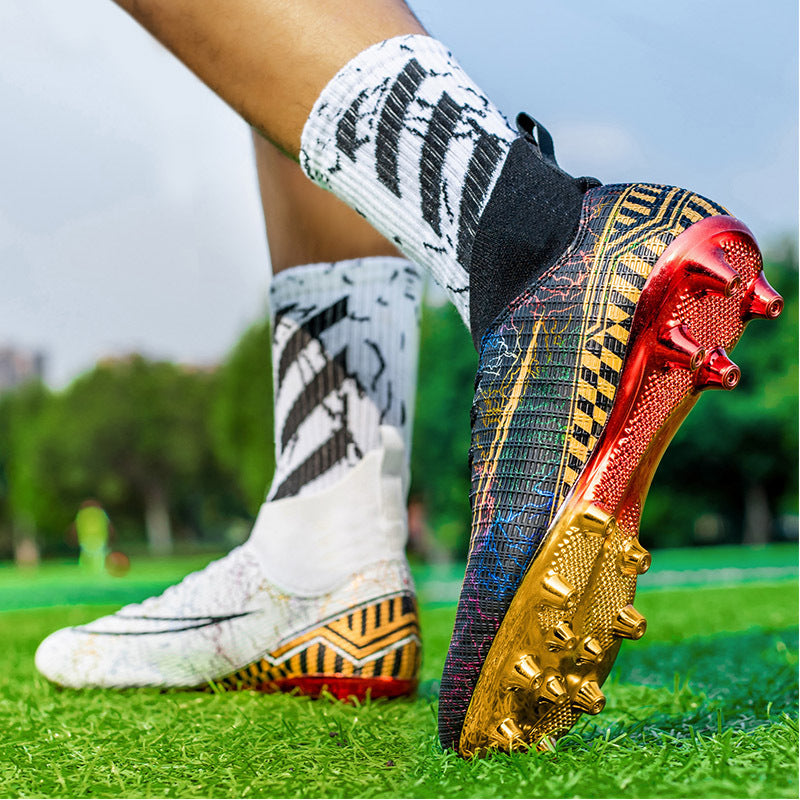 High-Top Soccer Shoes with Gold-Plated Sole for Artificial Grass Training