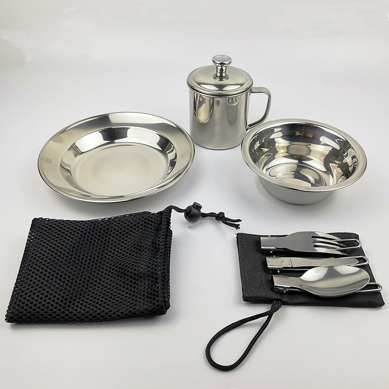 Outdoor Camping Single-Person Stainless Steel Tableware and Water Cup Set